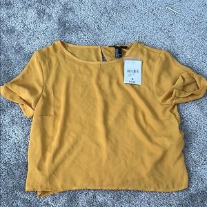 Forever 21 Mustard Gold Crop Blouse with Short Sleeves and Relaxed Fit